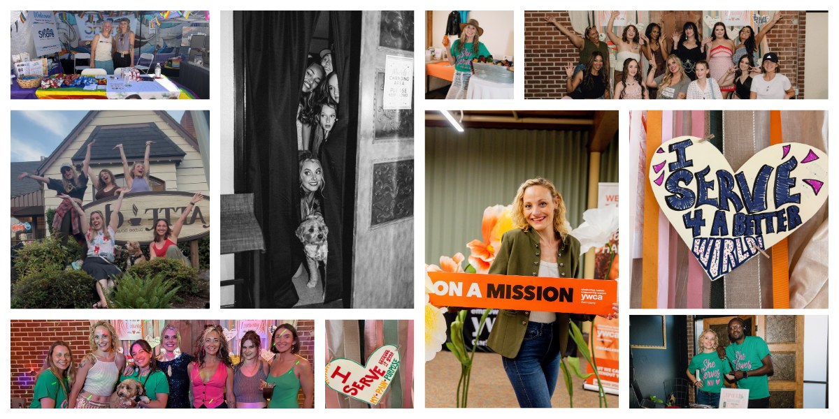 A collage of She Serves NW members at events and service projects